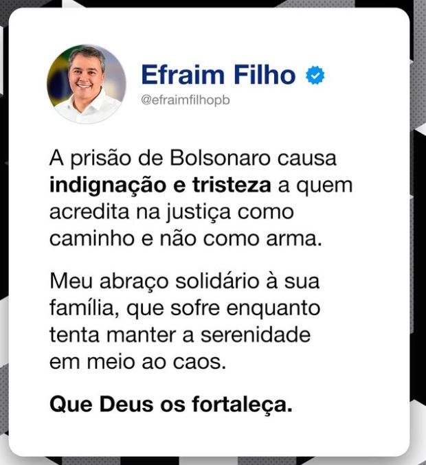 “Indignação e tristeza”: Efraim Filho revela sentimento em relação à prisão de Bolsonaro determinada pelo STF